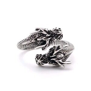 Dueling Dragon Head Ring Silver Plated Adjustable Fantasy Gothic Jewelry